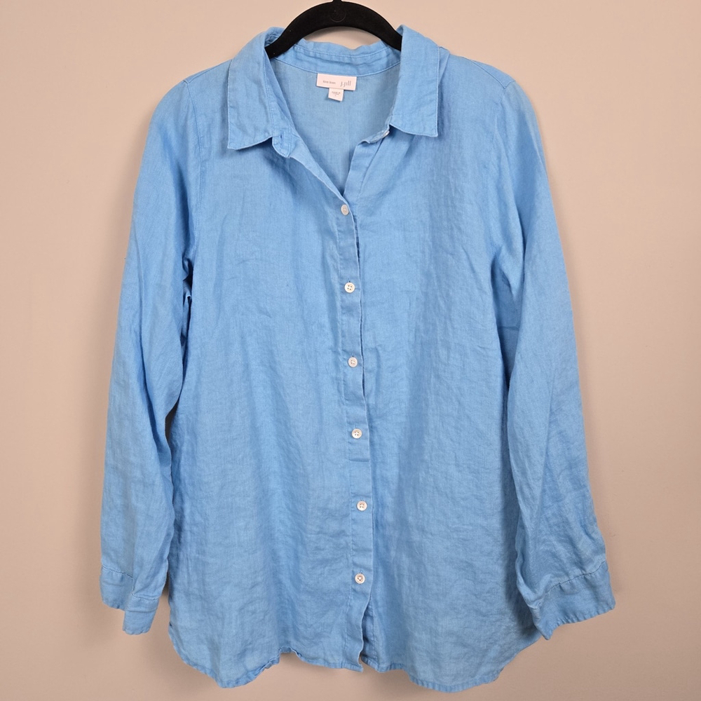 J Jill Womens Love Linen Button Up Top Size Large Blue Beach Coastal Vacation